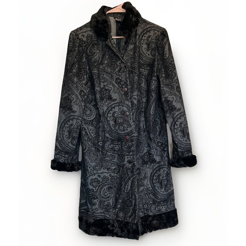 Vintage Y2K Long Jacket Black Denim Paisley Faux Fur 10 M Penny lane Witchy Goth